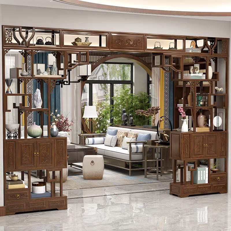 定制博古架实木榆木仿古中式隔断客厅玄关展示柜月洞门博古架