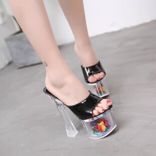 模特走秀粗跟g拖鞋女夏透明防水台厚底夜店18CM超高跟凉拖水晶凉
