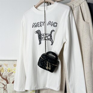 设计感小众韩版卡通字母图案宽松B长袖打底衫圆领磨毛中长款T恤女