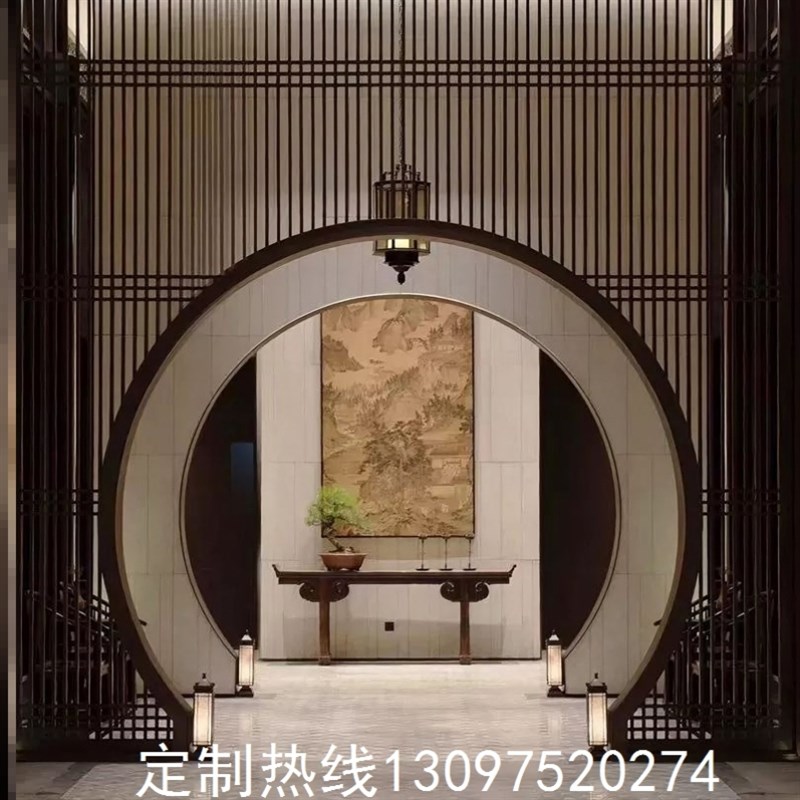 中式仿古实木花格月洞门客厅隔断博古架月亮门圆形拱门玄关月亮门