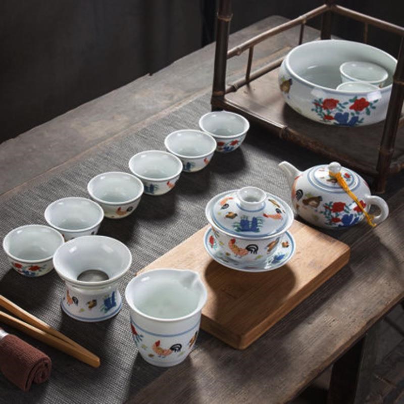 德化高白仿d斗彩鸡缸杯盖碗茶壶茶洗公道杯茶海功夫茶具套装青花