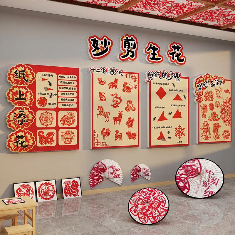 幼儿园环创非遗传统文化主题墙面装饰剪纸美工区布置成品材料走廊