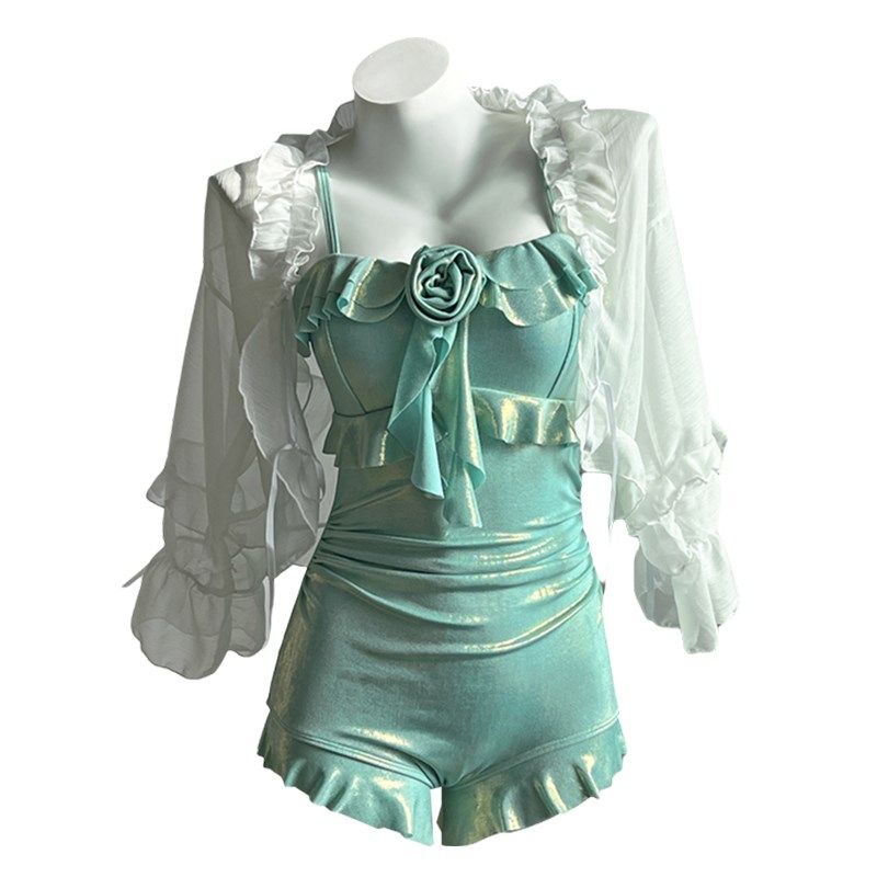 纯欲风超仙女范连体泳衣女小胸少女高颜值拍照好看泡温泉保守泳装