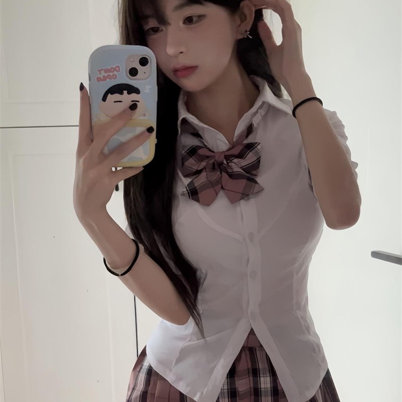 纯欲收腰衬衫jk制服裙粉格v套装学生学院校供感衬衣百褶裙两件套
