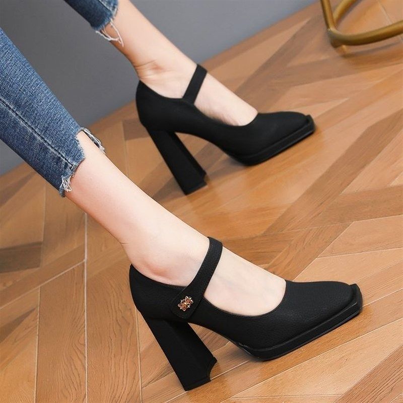 方头高跟鞋女防水台2024春秋新款一字带不累脚上班鞋粗跟时尚单鞋,女鞋,深口单鞋,淘宝优惠券,粉丝福利购,淘宝优惠卷