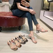 彩妨妮25新款 中跟透明粗跟一字拖水晶亮片潮32凉拖鞋 半拖鞋 女夏季