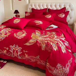 180支结婚四件套红x色龙凤刺绣纯棉全棉被套床单婚庆床品 高档中式