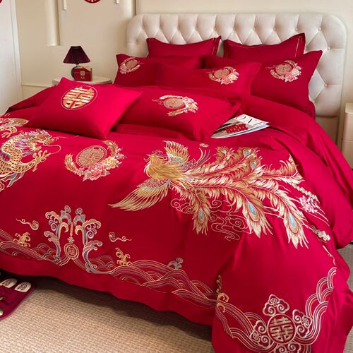 高档中式180支结婚四件套红x色龙凤刺绣纯棉全棉被套床单婚庆床品