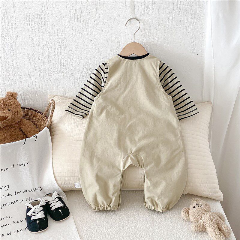 点兮春秋季婴儿工装背带裤条纹打底衫洋气男宝宝连体衣两件套春装