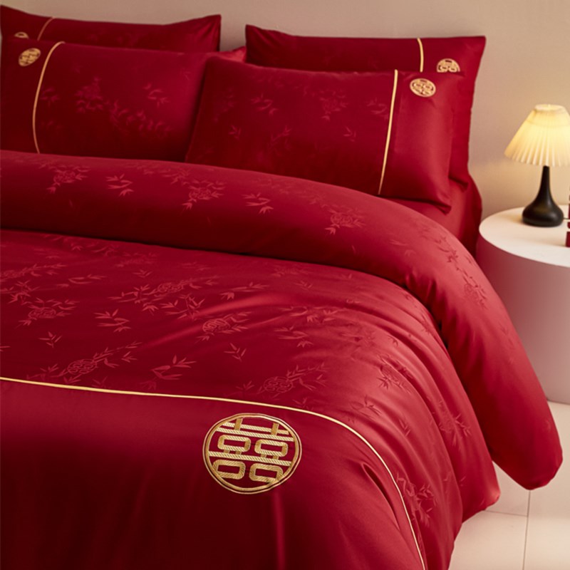 中式提花结婚四件套大红色被套床单新婚喜被婚庆床上用品