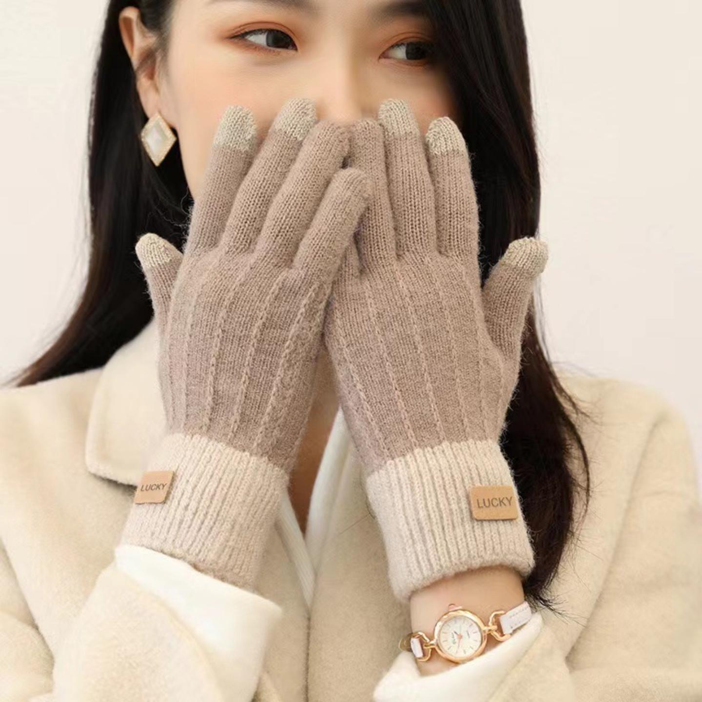 冬天加绒加厚保暖触屏手套全指针织毛线仿羊绒五指时尚骑行手套女