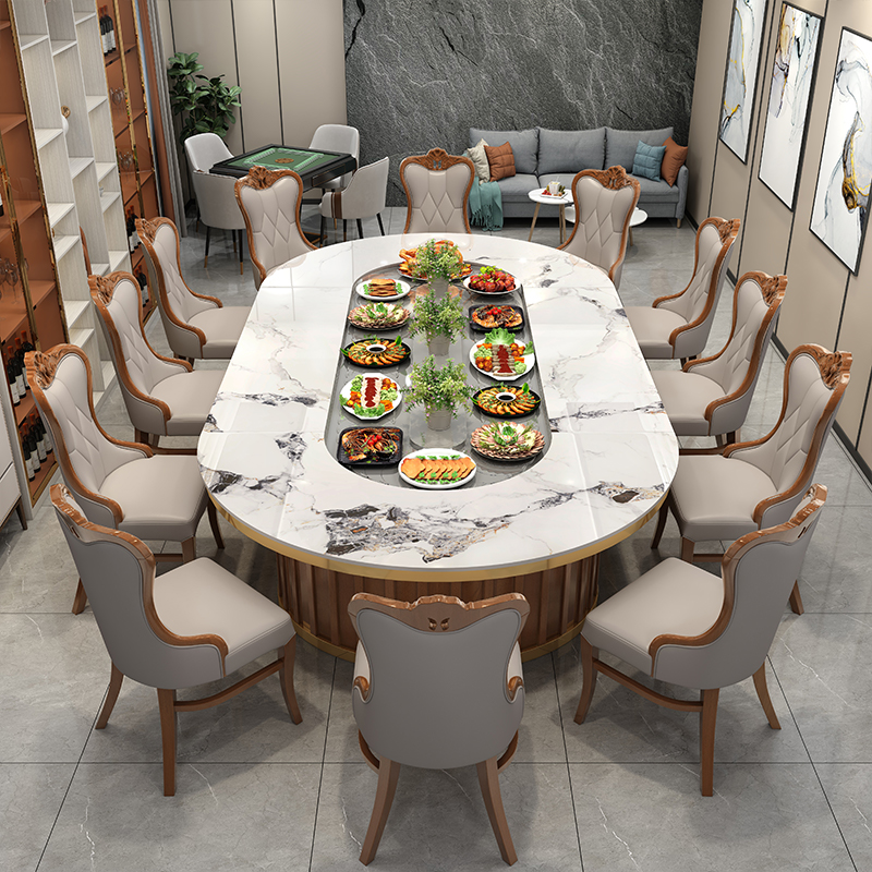 酒店岩板餐桌椅组合电动椭圆形旋转火锅轻奢长方形实木自助餐台椅