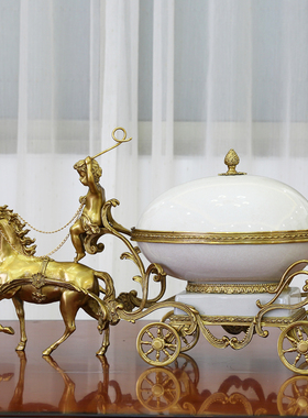 创意纯铜包瓷马拉车果盘摆件欧式美式客厅玄关陶瓷配铜收纳盒摆设
