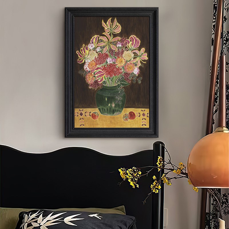 酒店餐厅高级感中古风彩色花卉花瓶装饰品挂画客厅玄关纯手绘油画图片