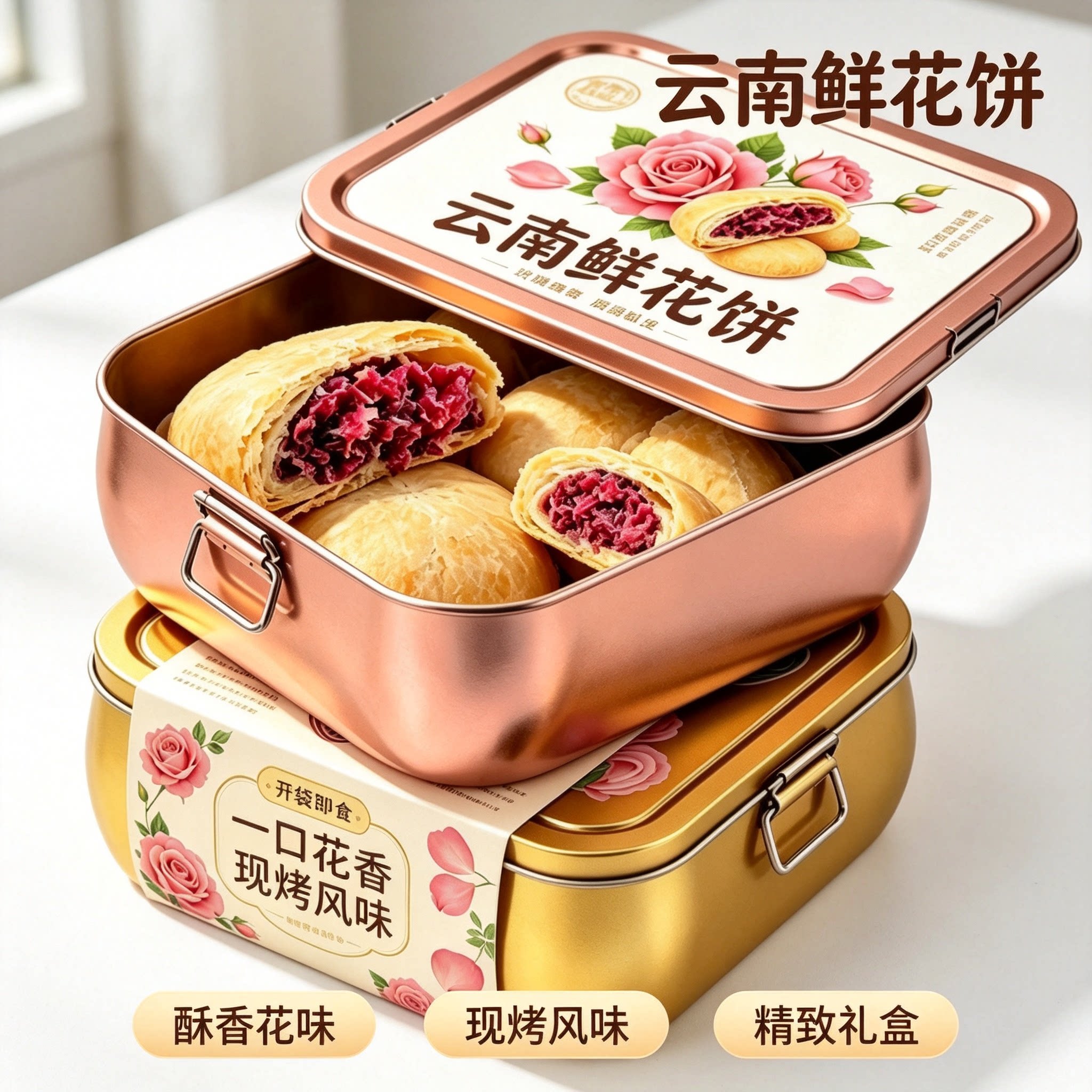 云南特产鲜花饼玫瑰花抹茶紫薯燕麦味小吃糕点下午茶早餐好吃解馋