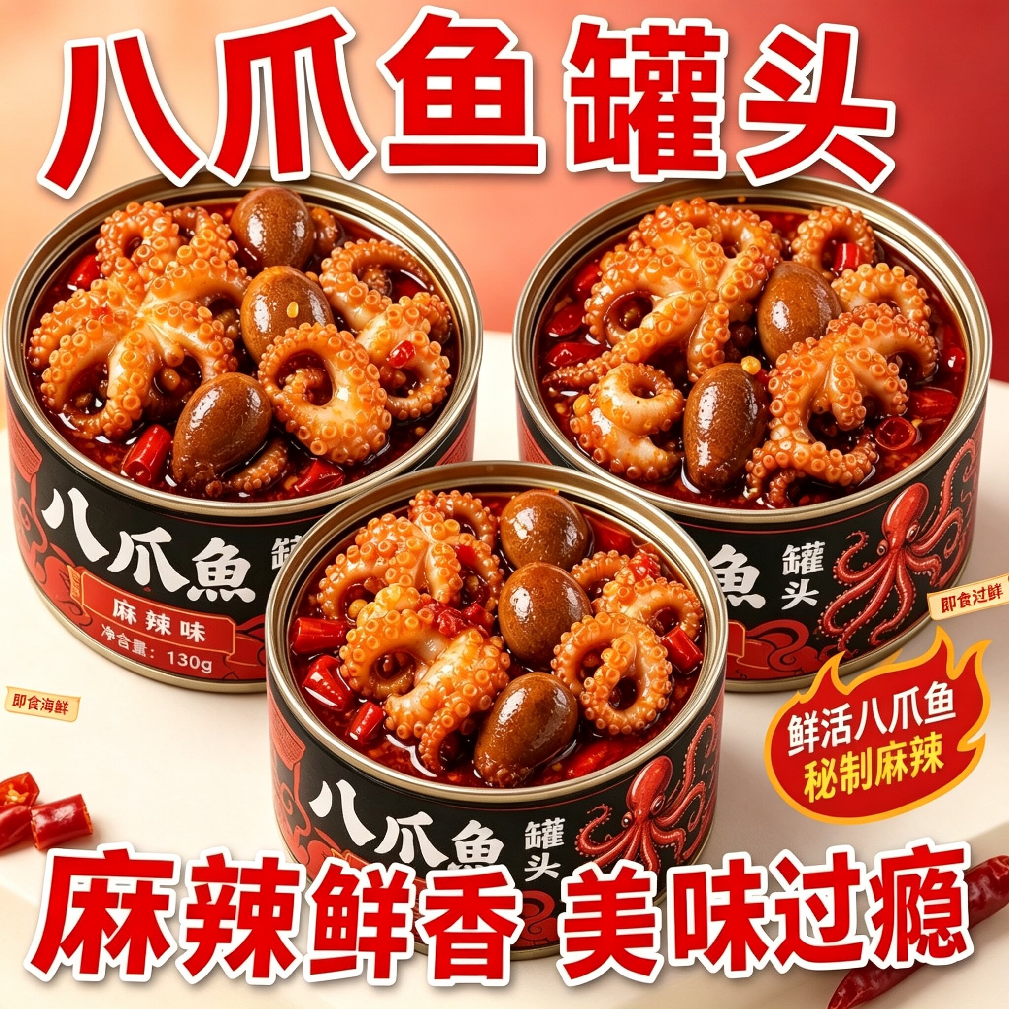 八爪鱼爆头小吃麻辣小海鲜熟食罐头生蚝鱿鱼扇贝虾尾海味零食礼包