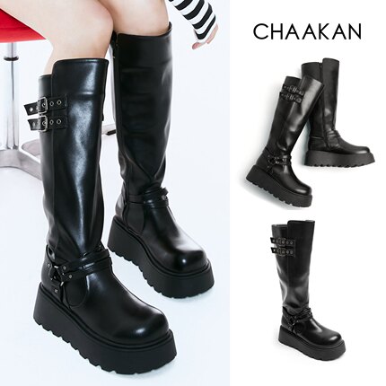 韩国代购直邮 CHAAKAN皮带扣机车女黑色厚底长筒靴复古帅气骑士靴