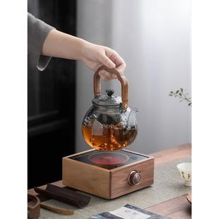 胡桃木电陶炉煮茶器耐高温玻璃提梁侧把壶家用蒸煮一体大小烧水壶