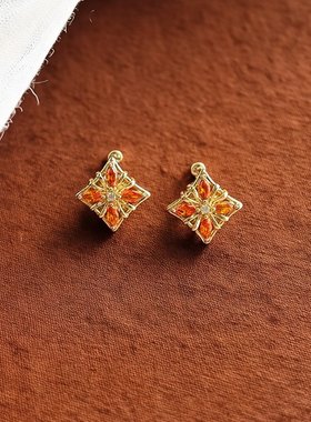 925银锆石菱形耳钉女通勤装饰橙色宝石耳饰优雅气质高级感耳饰
