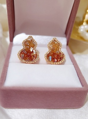 新中式微镶锆石渐变水晶葫芦耳钉橙色民族风时尚小众925银针耳饰