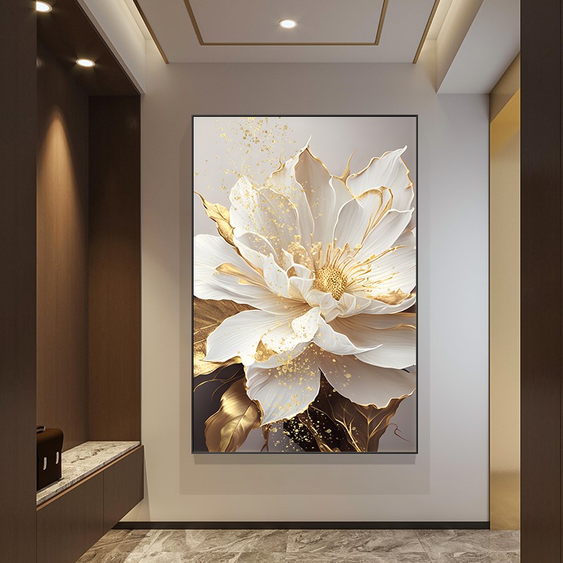 入户玄关装饰画现代轻奢牡丹花卉挂画酒店大气走廊过道楼梯间壁画图片