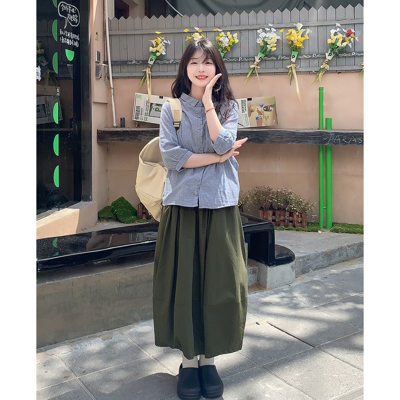 艺野系日系复古蓝色竖条纹七分袖衬衫女夏文艺小个子宽松通勤上衣