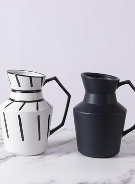 现代简约北欧黑白陶瓷水壶花瓶花插摆件家居样板间桌面软装饰品