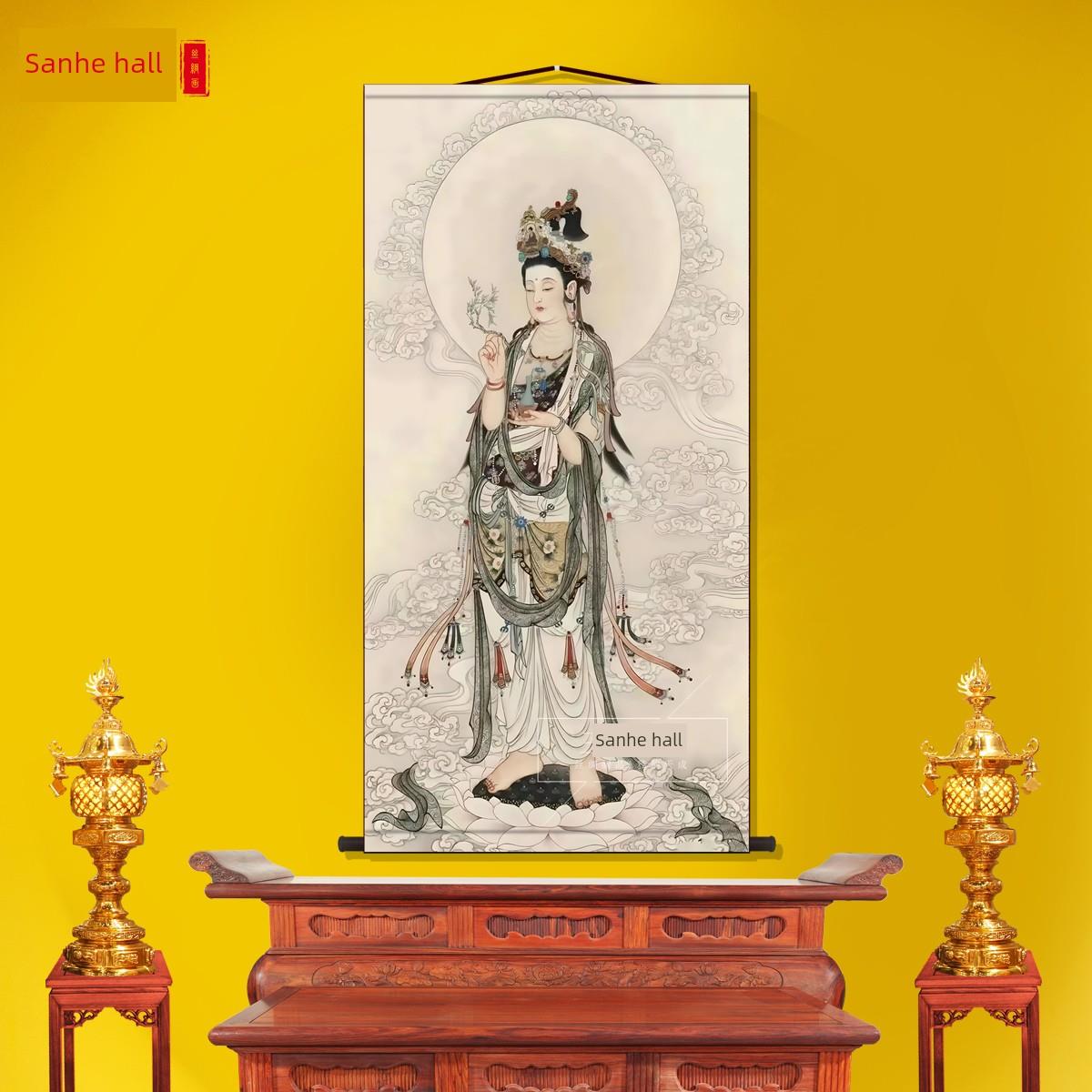杨柳观音菩萨人像卷轴挂画新中国风格装饰画绢布壁画中国画挂画自