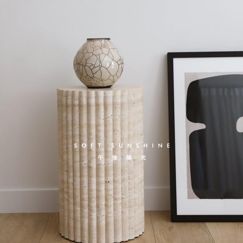 黄洞石开槽圆柱体雕塑台电视柜落地摆件底座酒店客厅装饰展示柱子