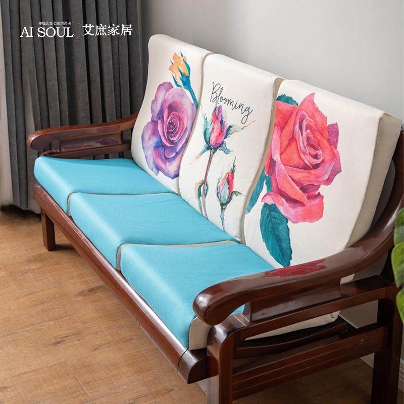 老式实木沙发垫带靠背整套亚麻印花四季通用防滑可拆洗坐垫新中式