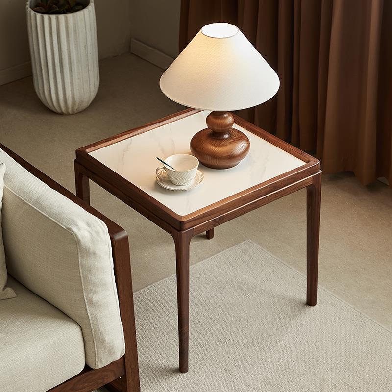 北美黑胡桃木角几实木轻奢岩板边几北欧家用客厅沙发创意小方桌