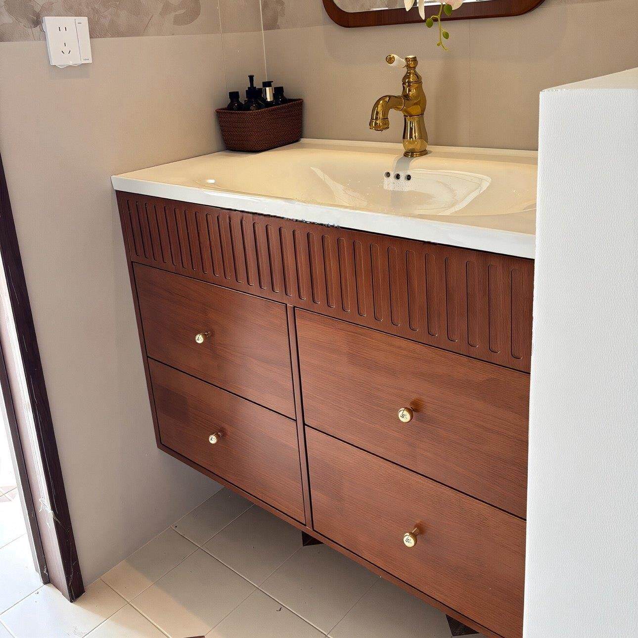 中古覆古风浴室柜组合实木抽屉洗漱台橡木柚木色洗手盆一体陶瓷盆