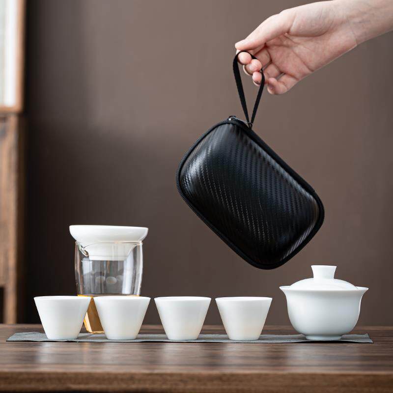 白瓷旅行功夫茶具套装盖碗茶杯玻璃快客杯便携包家用办公会客送礼