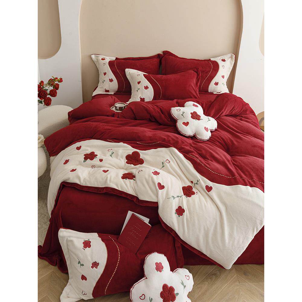 大红家婚礼暖牛奶丝绒四件套冬季珊瑚丝绒加厚婚礼礼品床上用品冬