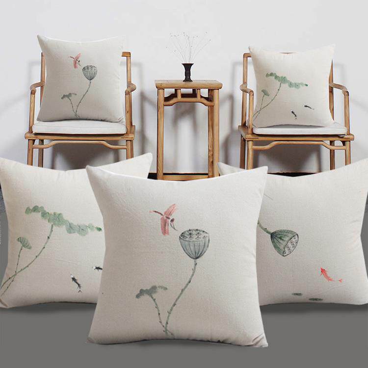 新中式抱枕靠垫中国风手绘中式沙发文艺棉麻禅意飘窗靠枕靠背腰靠