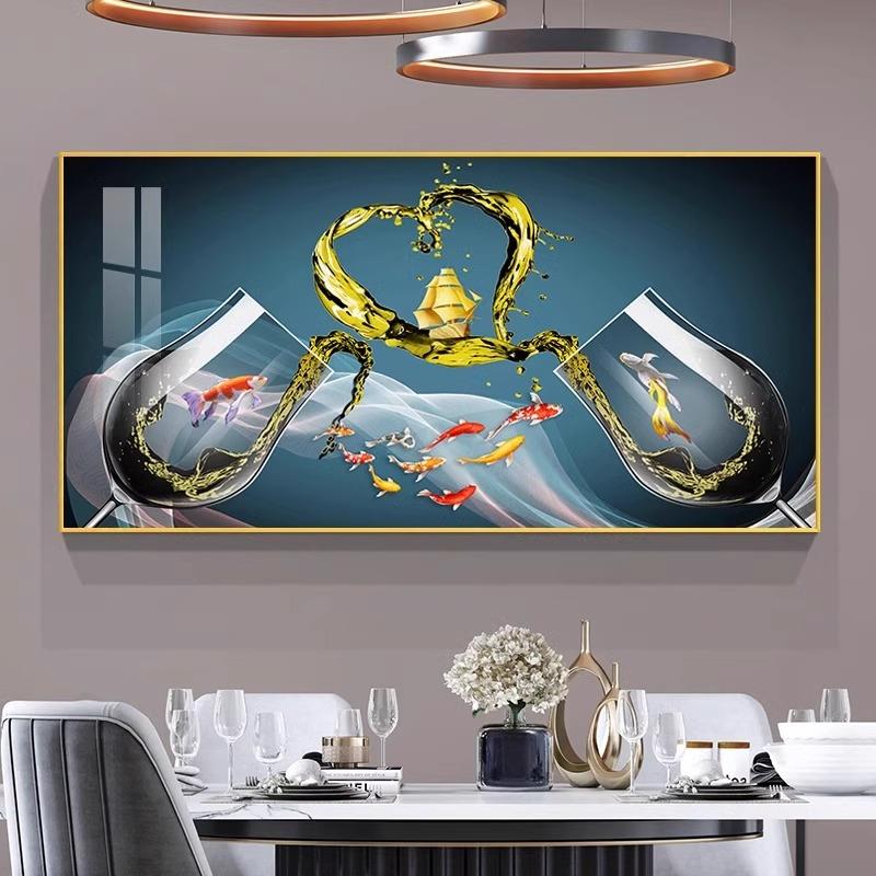 招财九鱼图餐厅装饰画轻奢现代饭厅饭店挂画酒杯新中式餐桌墙壁画图片