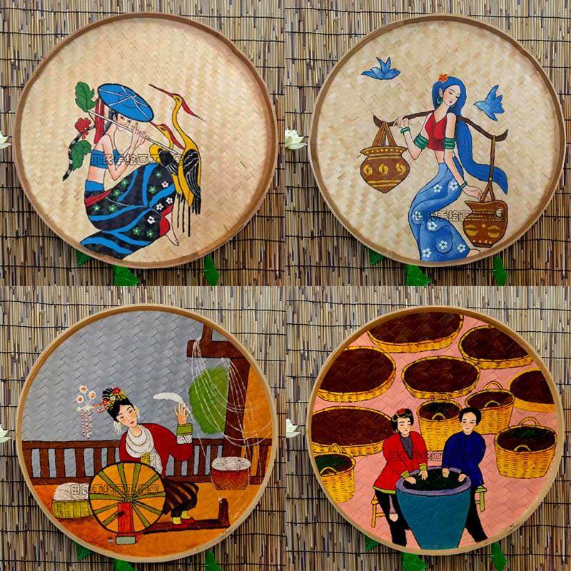 手绘竹编簸箕画云南特色文化装饰画田园民宿墙面墙壁挂饰挂件壁饰