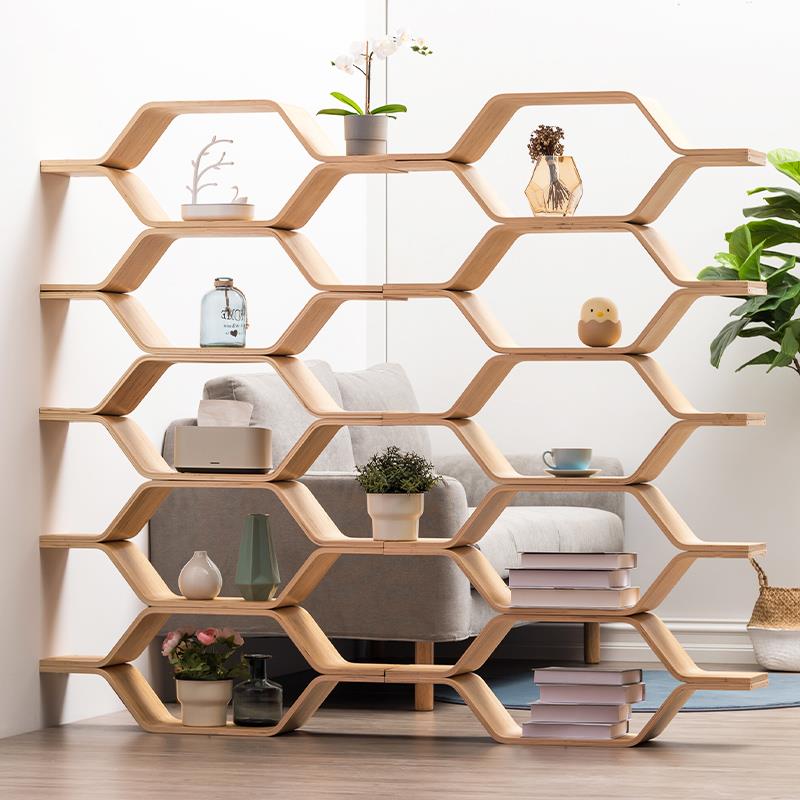 格子书架置物架现代简约落地实木展示储物架蜂巢创意收纳架省空间