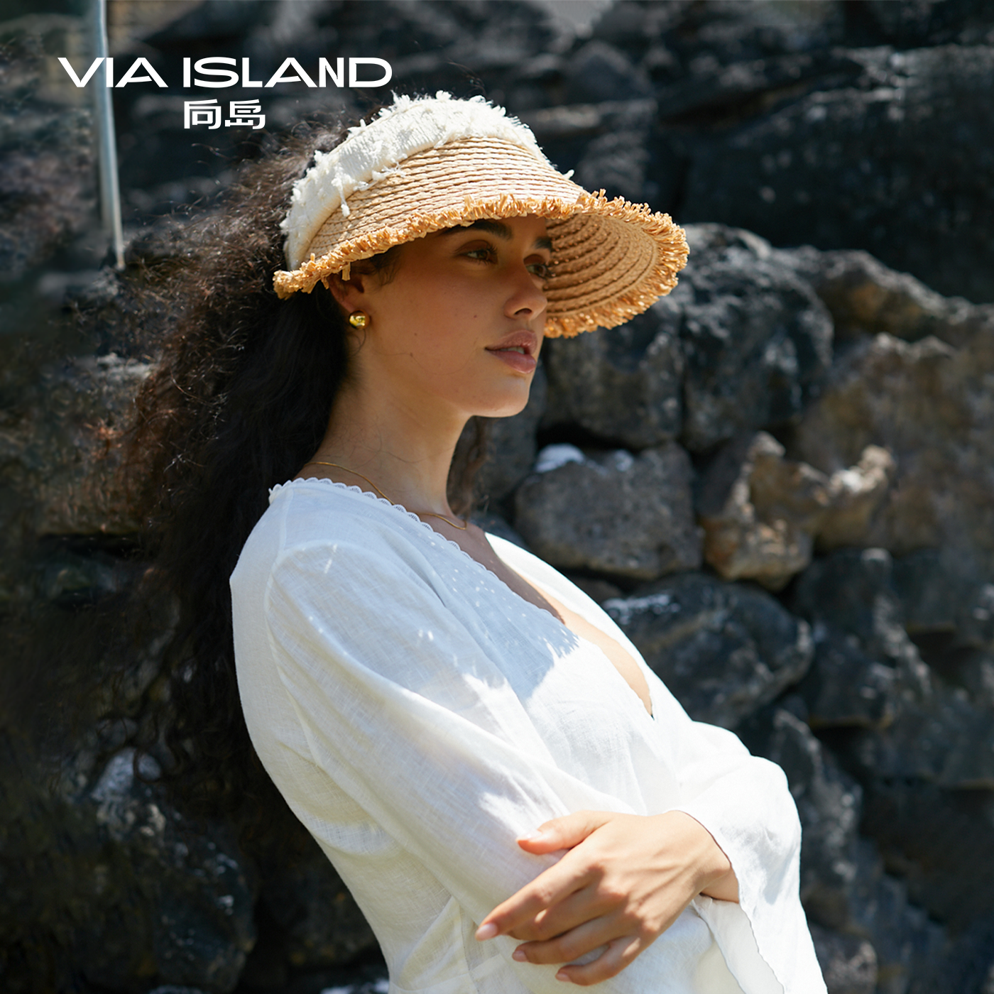 VIA ISLAND向岛防晒帽夏季女户外遮阳帽防紫外线空顶大帽檐帽子