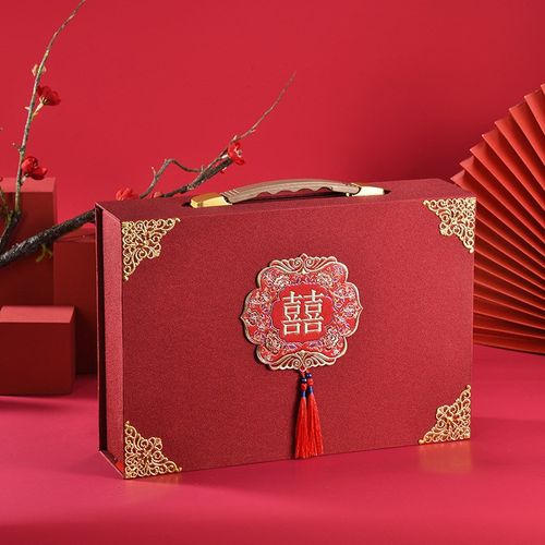 酒红色结婚彩礼箱订婚提亲聘礼箱女方陪嫁礼金手提盒结婚用品