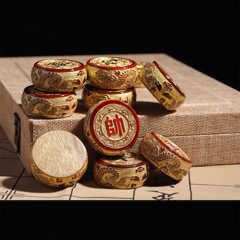 金丝楠木精雕五福临门棋子大号家用木质小叶桢楠雕龙涂金中国象棋