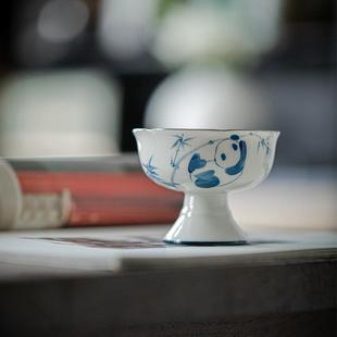 釉下彩仿宋高足主人杯纯手绘家用青花陶瓷喝茶杯品茗杯熊猫戏竹杯
