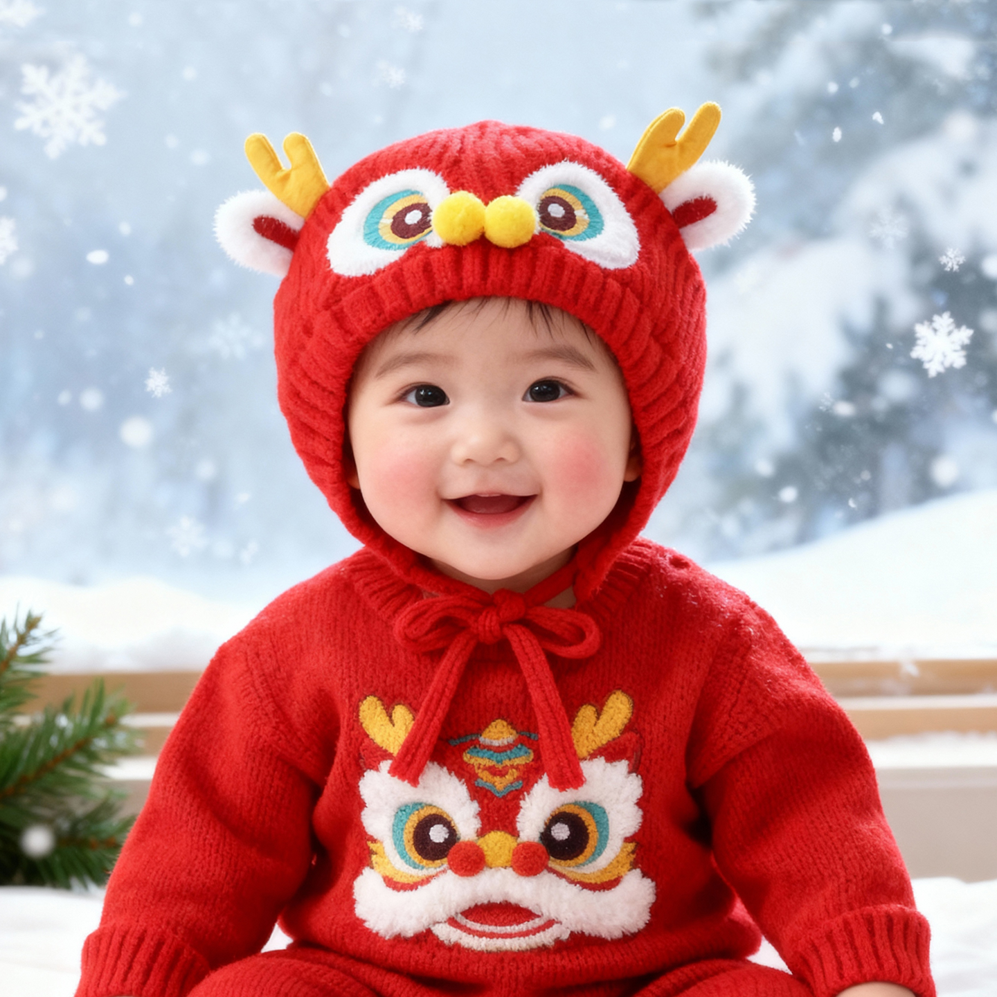 兔七宝婴儿帽子秋冬季红色护耳帽