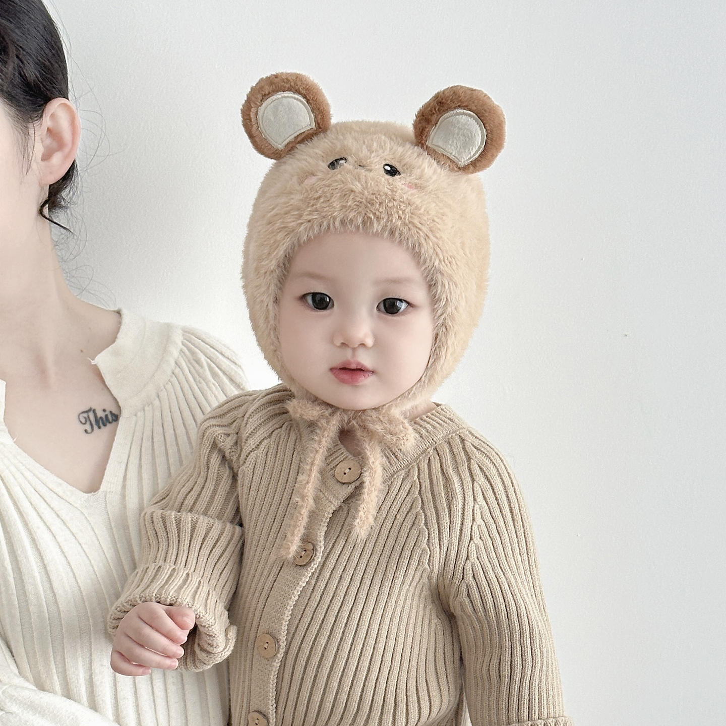 兔七宝毛绒帽护耳帽小熊设计可爱