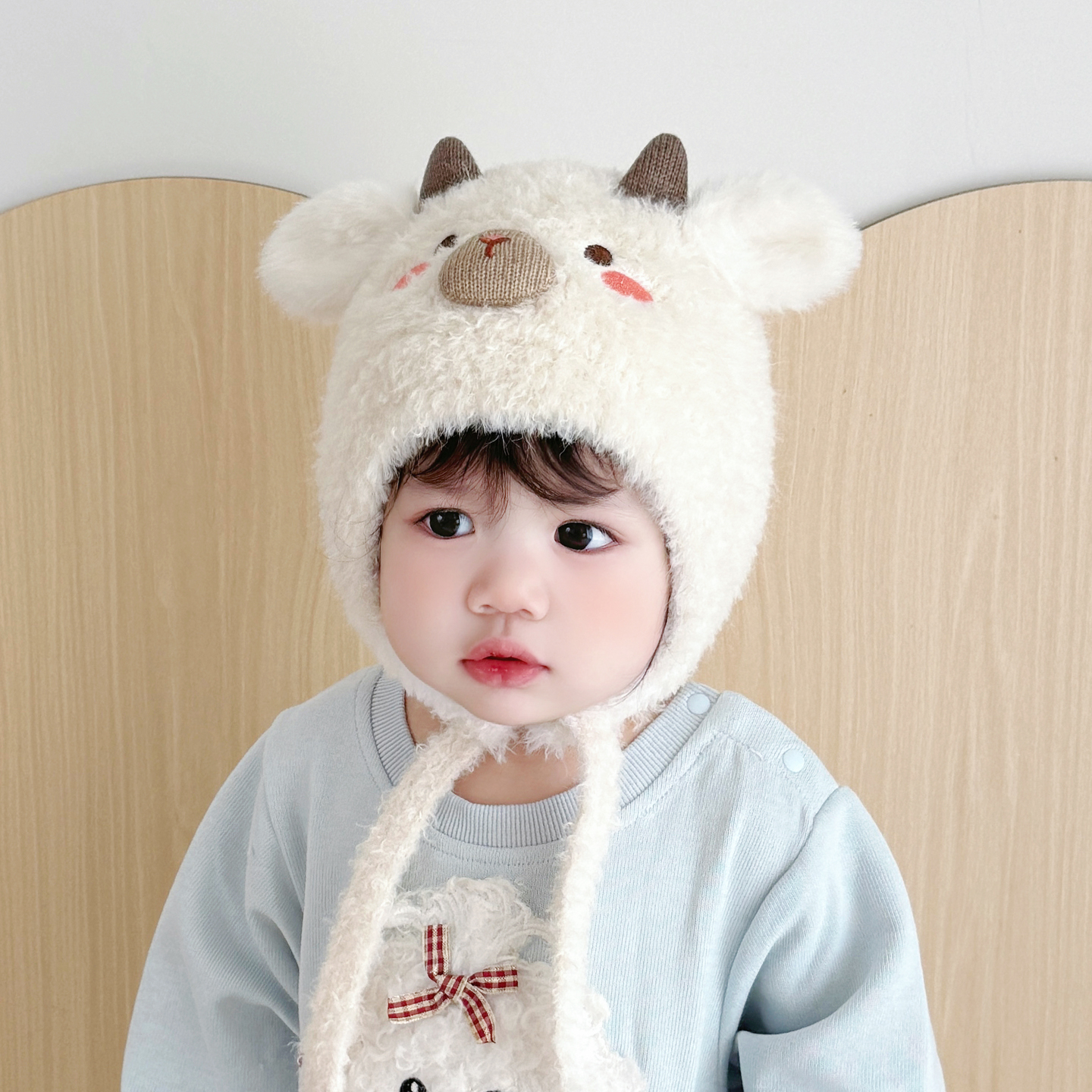 兔七宝毛绒帽护耳帽小羊设计可爱