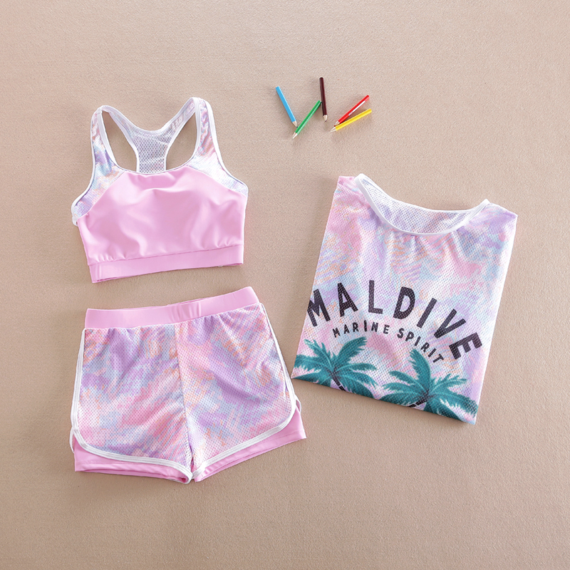 女童泳衣中大童三件套10儿童分体游泳衣12女孩平角裤泳装学生13岁