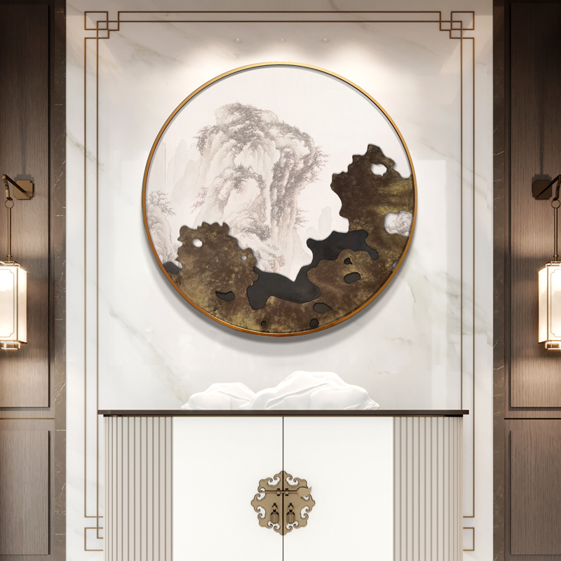 入户玄关装饰画走廊过道圆形肌理太湖石抽象实物画新中式入门挂画