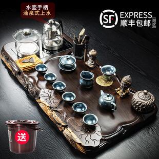 家用大号茶台整套玻璃烧水壶一体全自动 黑檀实木茶盘功夫茶具套装