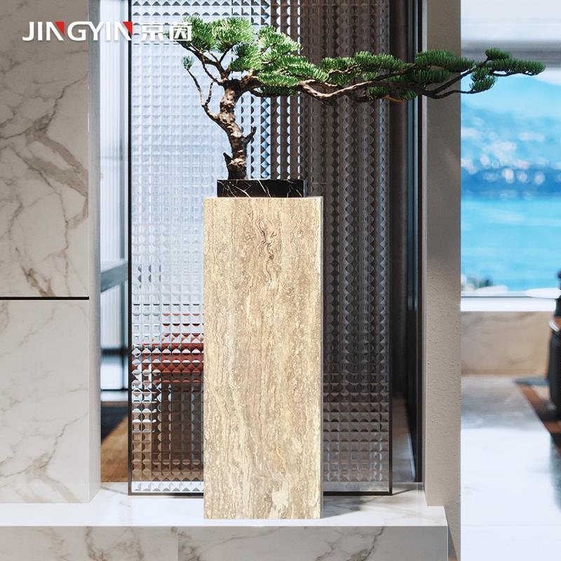 天然大理石雕塑底座电视柜旁落地摆台侘寂风黄洞石茶室玄关摆件