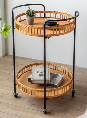 可移动茶几推车置物架双层藤编带轮小桌子复古客厅小户型沙发边柜